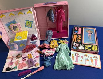 Lot 123- Vintage Barbie Colorforms Dress Up Set Game & Barbie Case With Clothes & Accessories