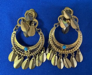 Lot 45WA- Boho Costume Gold With Turquoise Stone Dangle Clip On Earrings