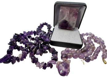 Lot 67WA- 14K Gold Clasp On Purple Beads- Amethyst Necklace - Natural Slab - Purple Stone - Flourite?