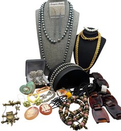 Lot 70WA- Costume Jewelry Collection- Faux Grey Pearls, Italian Belt, Rhinestones, Pins, Earrings, Gold Chain