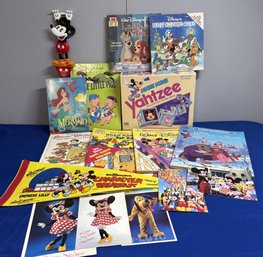 Lot 138- Vintage Disney! (5) Postcards, 2 Coloring Books, 7 Books, Back Scratcher, Mickey Mouse Yahtzee Game