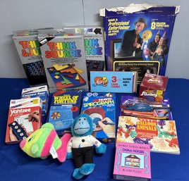 Lot 145- Travel Games! 2 Stuffies, Yahtzee, Connect 4, Wheel Of Fortune, Spirograph, Balloon Animals, Slinky..