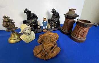 Lot 374SES- Nautical Mid Century Collection - Lighter - Book Ends - Brass Bell - Carved Fisherman