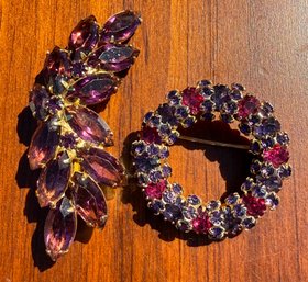 Lot 407LC - Sparkle! 2 Vintage Brooches - Purple / Red Rhinestones - Gold Tone Wreath - Purple Bow Of Leaves