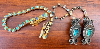 Lot 408LC - 2 - 1950s Vintage Sweater Vest Guard Clips Rhinestones Blue With Gold Tones Turquoise Stones