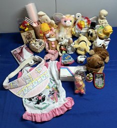 Lot 150- Vintage 1980s Trinkets - Stuffies, Figurines, Hat, Baby Clothes, Hairbrush, Duck Etc...