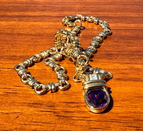 Lot 419LC -  High End Unsigned Necklace Chain & Amethyst & Clear Stones Pendant