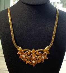 Lot 405LC- 60s Mid-century Vintage Goldtone Choker Necklace - Floral Rhinestone Center Amber & Clear Stones