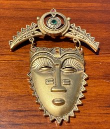 Lot 422LC - BiG! Costume Gold Tone Tribal Mask Brooch Vintage Estate Jewelry Signed Avon
