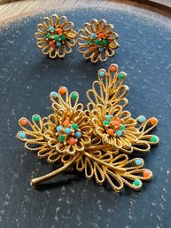 Lot 408LC - Mid-century Sarah Coventry Goldtone Filigree Brooch - Earrings Turquoise Green Coral Stones