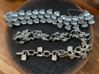 Lot 409LC - Costume Bracelets Goldtone - Mother Of Pearl MOP, Silvertone Hearts Triple Strand Clear Stones- 3