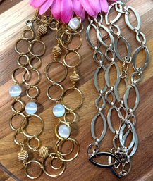 Lot 410LC - NICE! Long Costume Goldtone Necklaces Big Circles & Ovals With Large Opalescent White Stones- 2