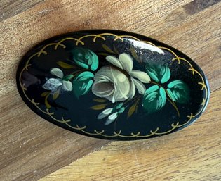Lot 412LC - The Russian Collection Hand Painted Oval Pin Signed - Yellow Rose - Hand Made