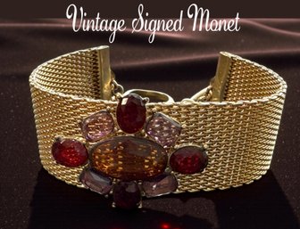 Lot 417LC- Gorgeous! Signed Monet Goldtone Weaved Metal Bracelet - Red & Purple Stones - Vintage Jewelry