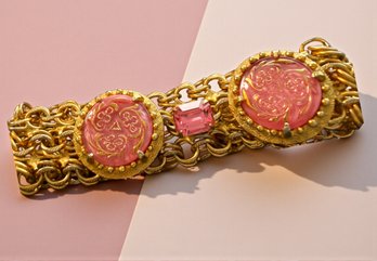 Lot 419LC - Mid Century Handcrafted Bracelet With Pink Ornate Glass Czech Buttons In Prong Set