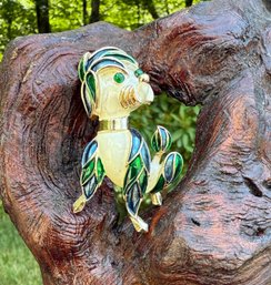 Lot 435LC- Mid-Century! 1950s Statement Large Gold Tone Multi White And Green Enamel Poodle Brooch Dog Puppy