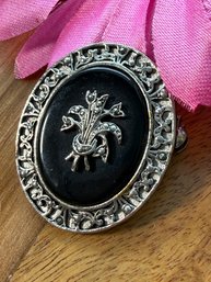 Lot 424LC -  Handcrafted Black Silver Metal Flower Framed With Ornate Silvertone Metal Brooch - Vintage