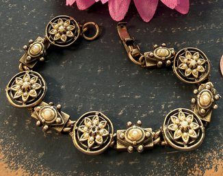 Lot 425LC - Mid Century Goldtone Link Bracelet With Seed Pearls In A Floral Motif Victorian Revival