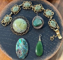 Lot 430LC - Mid-century Green With Envy - Antique Pin - Agate Cabochon - Filigree Bracelet - Shell Pendant