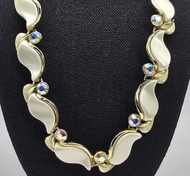 Lot 938LC - 1950s Creamy White With Aurora Borealis Rhinestone Necklace Choker - Costume Gold