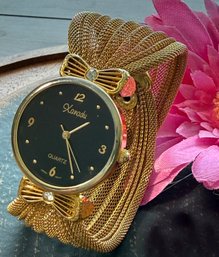 Lot 439LC - 1980-90s Vintage Xanodu Japan 6 Movement Watch - Goldtone Mesh Band - Bows- Quartz Crystal Accents