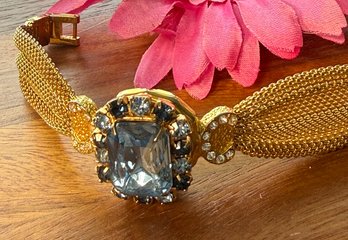 Lot 442LC - 1950-70s Goldtone Mesh Handcrafted Prong Set Blue Clear Rhinestone Bracelet - Vintage Jewelry
