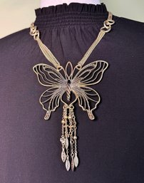 Lot 447LC - Ornate Brass Butterfly Statement Necklace Triple Strand Vintage Boho Black Accent Stone
