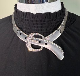 Lot 449LC- Choker Belt Buckle Necklace Iridescent Aurora Borealis Crystal Stones 1980s Gunmetal Punk