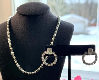 Lot 451LC - Signed Denbe Costume Pearl & Rhinestone Choker Necklace Plus Earrings - Estate Jewelry