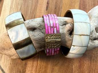 Lot 454LC -Unique Bracelets - 2 Elegant Vintage Brass Mother Of Pearl MOP Inlay - Vintage Pink Bangle- 3