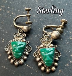 Lot 456LC - Sterling Silver Earrings Mexico Vintage Green Onyx Aztec Head Signed MSC Clip On Screw Backs