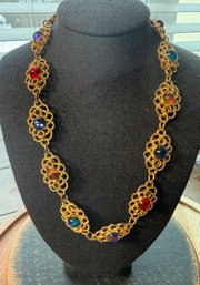 Lot 457LC - Multi Color Glass Stone Cabochons Filigree Necklace Goldtone -Unsigned Vintage Mid Century Estate