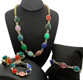 Lot 36SES- Signed Longcraft - Scarab Set - Necklace - Bracelet - Brooch - Earrings - Vintage Jewelry