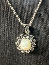 Lot 458LC - Thin Delicate Silver Tone Chain With Small Flower Marcasite - Faux Pearl Pendant & Chain