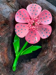 Lot 462LC - Pretty Easter Pin! Pink Polka Dot Enamel Flower Brooch - Groovy 1960s Jewelry