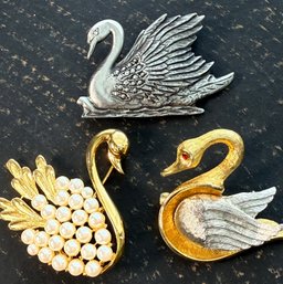 Lot 463LC - Collection Of 3 Swan Brooches - Goldtone - Silvertone - Ruby Red Rhinestone Eye - Costume Pearls