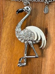 Lot 464LC - Chicos Standing Flamingo Silver Tone -  Rhinestones - Enamel Chain & Pendant