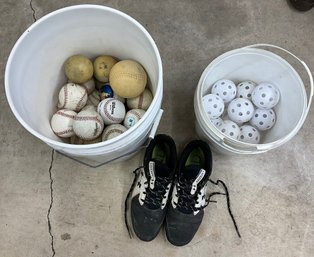 Lot 104SES- Bucket Of Practice Baseballs Wiffle Balls - Under Armor Mens Cleats Size 10 1/2