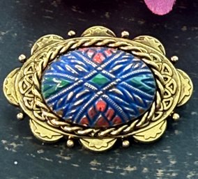 Lot 468LC - 1960s Goldtone Brooch - Enamel Blue Green Pin Or Pendant - Vintage Jewelry
