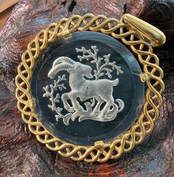 Lot 472LC - Signed 1970s Trifari Crown Costume Glass - Etched Zodiac Capricorn Pendant - Dec. 22- Jan 19 Birth