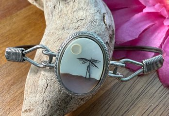 Lot 475LC - Lipshell Hinged Bracelet Silvertone Beautiful Scene Palm Tree & Moon