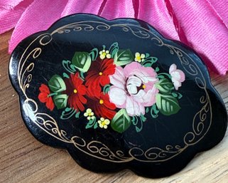 Lot 476LC - Russian Tole Hand Painted Tray Brooch - Signed - Vintage Jewelry - Mini Art