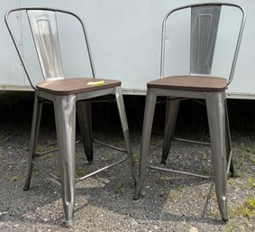 Lot 418 - A Set Of Cool Industrial Farmhouse Stools Metal With Wood Seats - Counter Height