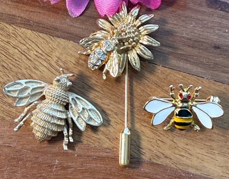 Lot 482LC - Three Bee Brooches - Dior - Avon - Stick Pin Enamel Clear Rhinestones - Red Crystal Eyes