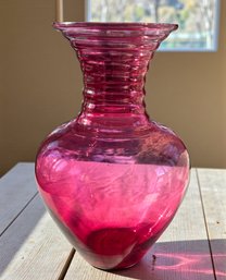 Lot 300 - Pilgrim Glass Cranberry Large Ribbed Vase - Vibrant Red Pink Art Glass