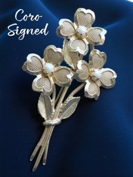 Lot 487LC - Coro Signed - Vintage Brooch Goldtone Faux Pearls Mesh Flowers Bouquet Pin