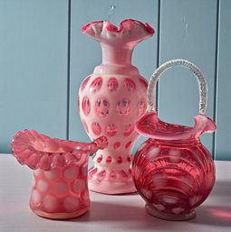 Lot 301 - STUNNING! Fenton Coin Dot Cranberry Pink Red Art Glass Vase, Hat, Optic Heart Basket