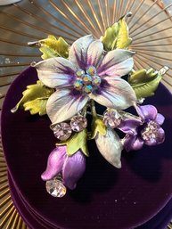 Lot 488LC - Beautiful Silvertone Purple Enamel Crystal Flower Brooch With Aurora Borealis Rhinestones