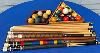 Lot 425 - Play Pool! Pool Game Brunswick Sticks And Rack Of Balls - 5 Sticks Billiards - Bar Room - Man Town