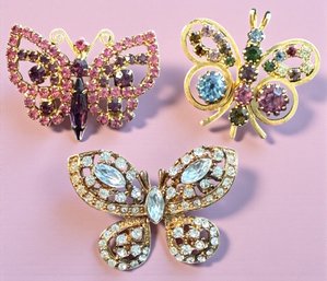 Lot 489LC - Spring Is In The Air! Three Crystal Butterflies Pink - Mixed Colors & Clear Rhinestones